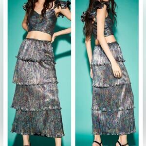 NWT Saylor X Free People Gianna iridescent crop top and tiered skirt set L